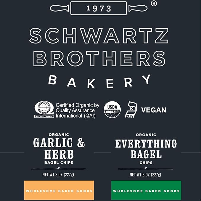 Schwartz Brothers Bakery, Bagel Chip Sampler, Everything & Garlic & Herb, Organic, Kosher, Artisanal, Vegan. Freshly baked 8oz containers. (Pack of 2)