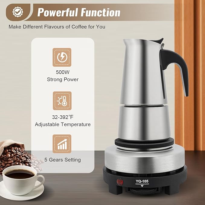 Stovetop Coffee Maker, 4 Cup Stainless Steel Moka Pot Espresso Maker Coffee Pot with Electric Stove, 500W Stovetop Espresso Machine Italian Espresso Maker for Home Bar Office