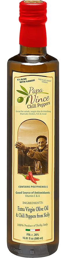 Papa Vince Olive Oil Extra Virgin - First Cold Pressed, Polyphenol Rich Olive Oil (EVOO). Chili Pepper Agrumato, Unfiltered, Single Sourced, Glass Bottle, Family made, Sicily, Italy
