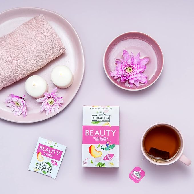 Ahmad Tea Herbal Tea, Peach, Carob, and Rose Petals 'Beauty' Natural Benefits Teabags, 20 ct (Pack of 1) - Decaffeinated & Sugar-Free