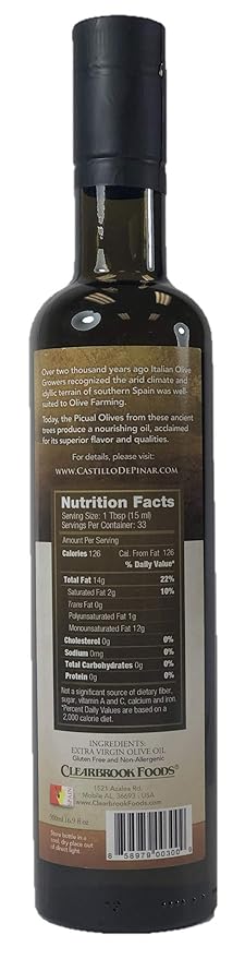 Castillo de Pinar First Cold Pressed Extra Virgin Olive Oil Picual Single-Variety 500ml Less Than 02% Acidity, Gluten Free Non GMO