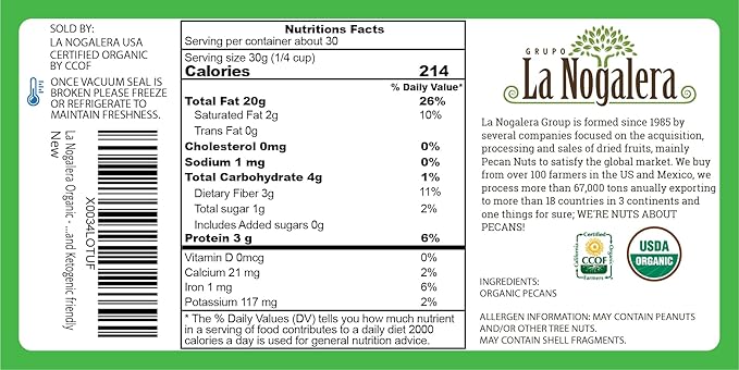 La Nogalera Organic - USDA and CCOF Certified Organic Pecan Pieces in 2 pound bag. Chopped Pecan Nuts, NO SHELL, Non-GMO, Kosher and Halal Certified and Ketogenic friendly