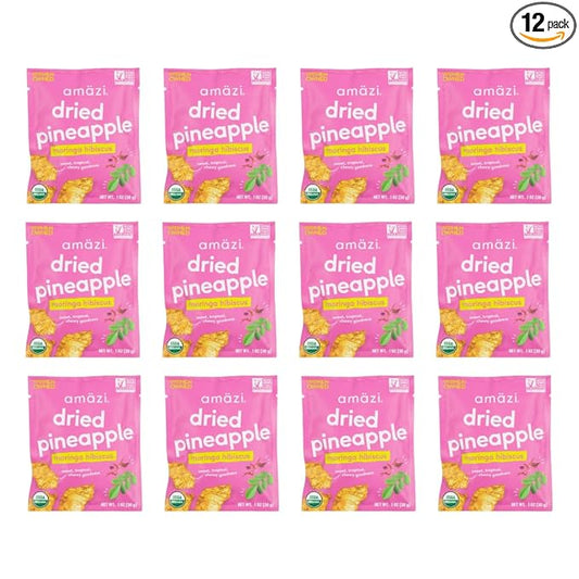 Am채zi Foods | Dried Pineapple - Moringa Hibiscus (12 Pack) | All Natural Mini Travel Snacks | No Sugar Added Dried Pineapple | Dehydrated Fruit