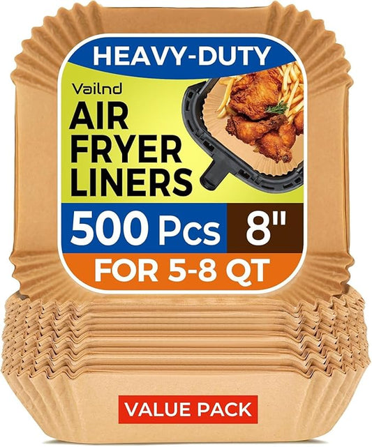 500 Pcs Air Fryer Paper Liners, 8" Square Air Fryer Liners Disposable, Heavy-Duty Parchment Paper for 5-8 qt Airfryer Basket, Non-Stick & Grease-Proof Baking Liner for Oven Pan