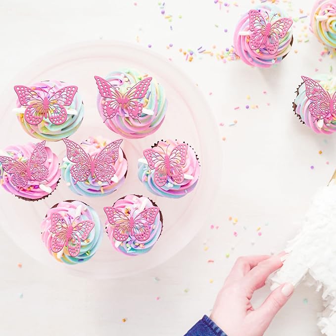 Gyufise Rose Butterfly Cupcake Toppers Hollow Art 3D Butterfly Cupcake Decorations Baby Shower Wedding Anniversary Kids Birthday Party Cake Wall Decorations Supplies 36Pcs