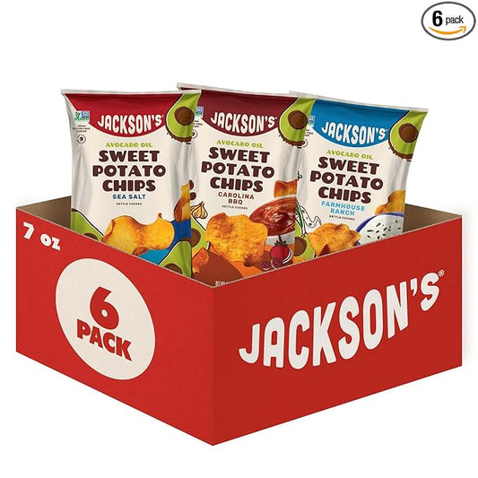 Jackson???Sweet Potato Kettle Chips Avocado Oil Variety Pack made with Premium Oils (7oz, Pack of 6) Sea Salt, Ranch and BBQ Flavors - Allergen-friendly, Gluten Free, Vegan