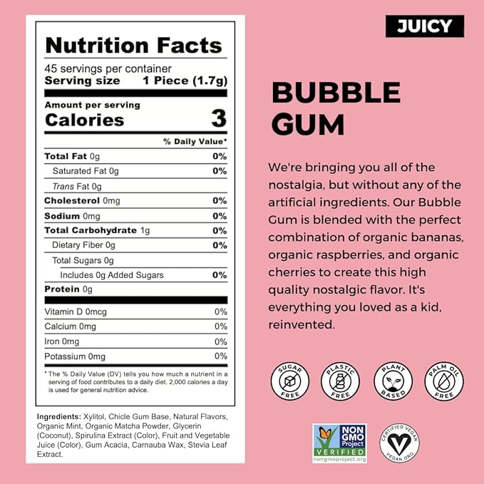 Refresh Gum, Xylitol, Sugar Free, Natural, Long Lasting Chewing Gum, Natural Flavors & Organic Ingredients, Plant-Based, Plastic Free, Non GMO, Gluten Free, Vegan, Bubble Gum Flavor, 12 Pcs, 12 Pack