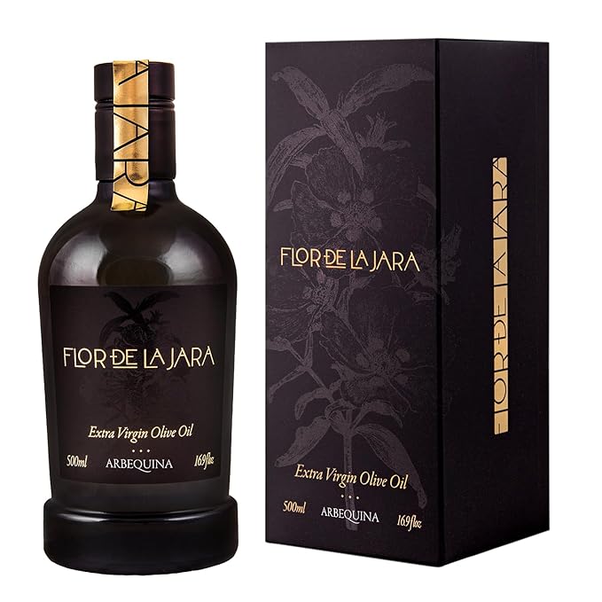 FLOR DE LA JARA Premium Extra Virgin Olive Oil from Spain, First Cold Pressed, Monovarietal Arbequina, Hand-Harvested Olives, Family-Owned Grove, Low Acidity (0.1%), 16.9 fl oz (500ml)