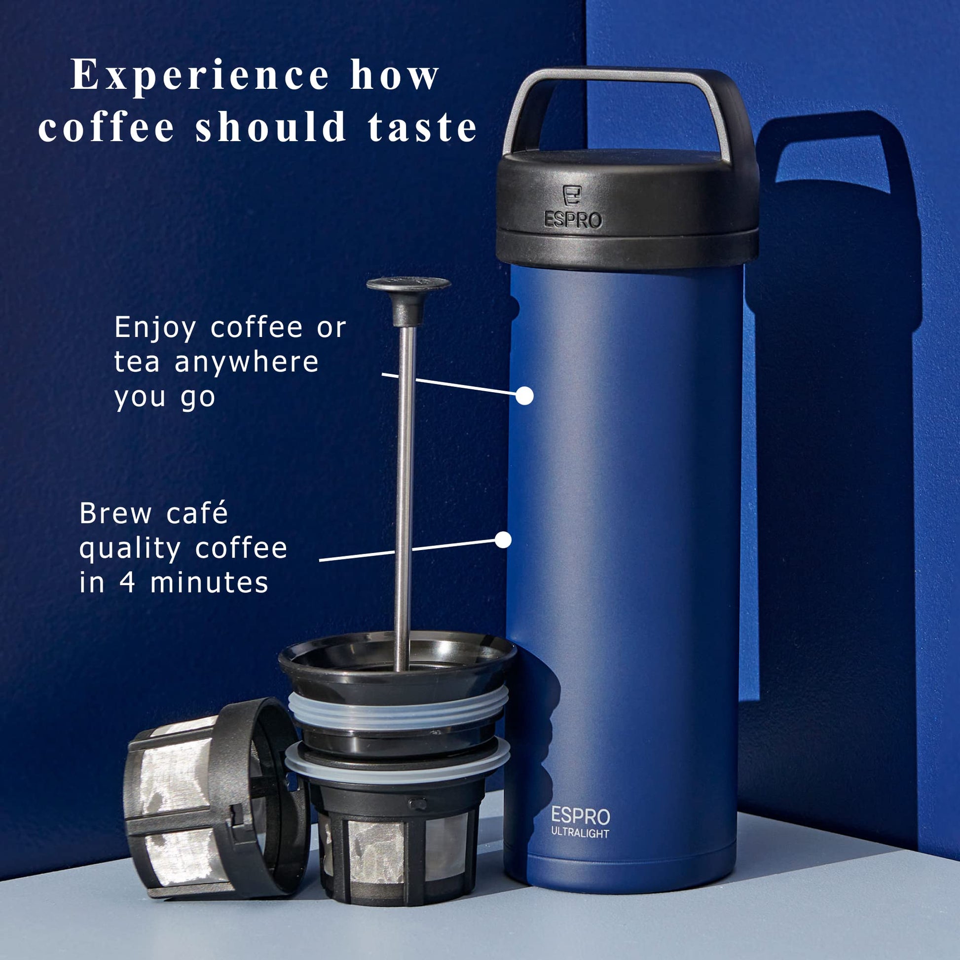 ESPRO Go P0 Ultralight French Press Coffee Maker for Travel, Vacuum Insulated Stainless Steel, 16