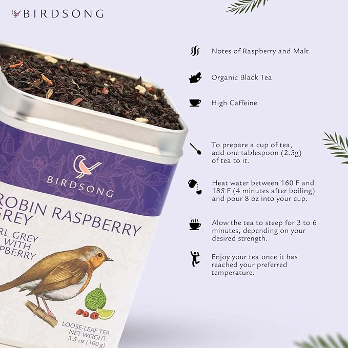 Birdsong Robin Raspberry Grey - Organic Black Tea with Citrus Notes, Caffeinated English Breakfast Earl Grey Assam Tea with Raspberry, 100% Natural Sweet, 18 Non-GMO Plant-Based Pyramid Tea Bags