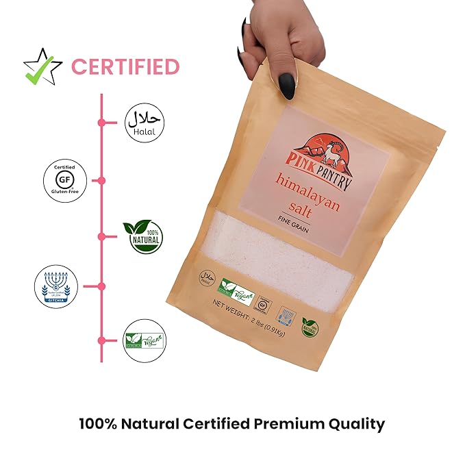 Pink Pantry Himalayan Pink Salt, 100% Pure Himalayan Salt, Non-GMO, Kosher Certified, No Additives, Ideal for Cooking, Seasoning & Gourmet Dishes, Rich in Trace Minerals, 2lb Pouch, Fine Grain