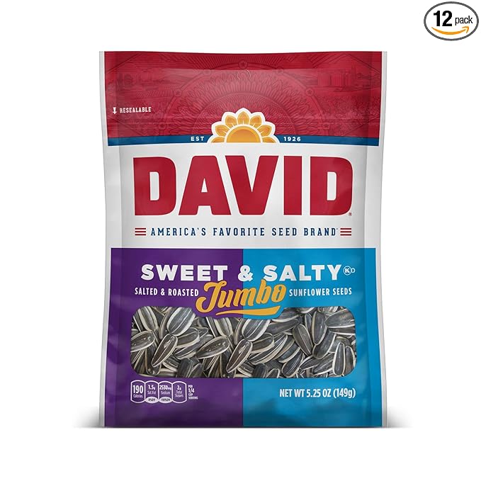 DAVID Roasted and Salted Sweet and Salty Jumbo Sunflower Seeds, Keto Friendly, 5.25 oz, 12 Pack