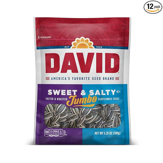 DAVID Roasted and Salted Sweet and Salty Jumbo Sunflower Seeds, Keto Friendly, 5.25 oz, 12 Pack
