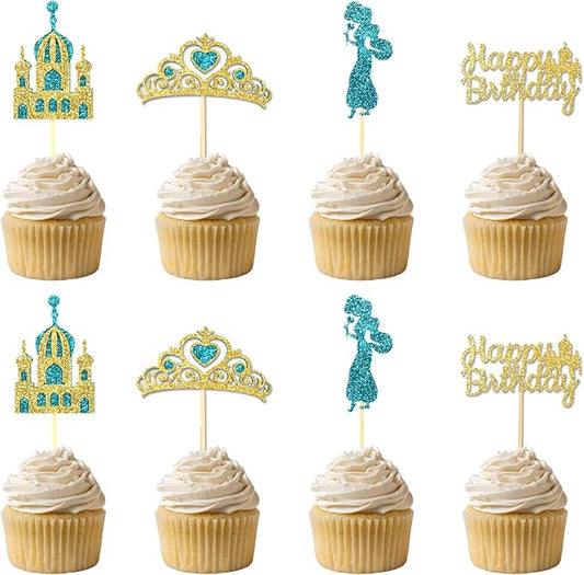 24Pcs Lake Blue Princess Cupcake Topper Glitter Castle Gold Happy Birthday Cupcake Toppers Crown Cake Decorations for Princess Birthday Baby Shower Costume Halloween Party Decor