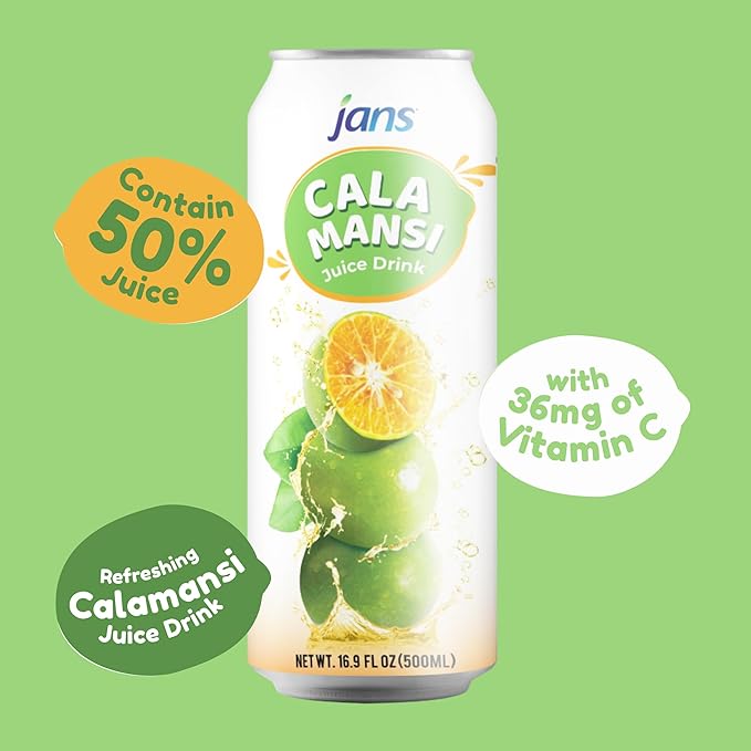 Jans Golden Lime Juice Calamansi Drink (16.9 oz Cans, 12-Pack) ??Philippine Kalamansi Citrus Beverage ??Natural Lemoncito Yuzu Style Lime Drink, Lemon, Orange, Tangerine, Citrus Substitute | From Pure Calamansi Extract