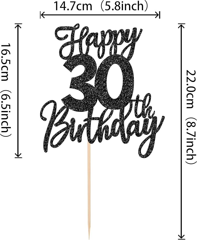 1 PCS Happy 30th Birthday Cake Topper Glitter Cheers to 30 Years Birthday Cake Pick Thirty Hello 30 Fabulous Cake Decoration for Happy 30th Birthday Anniversary Party Decorations Supplies Black