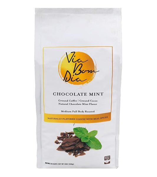 Via Bom Dia 100% Naturally Flavored Ground Coffee, Chocolate Mint, Medium Roast, No Artificial Flavors, 12 oz. Bag