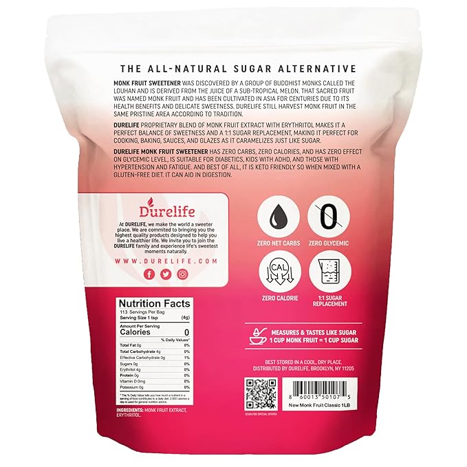 Durelife Monk Fruit Sweetener, Sugar Substitute, Keto Diet Friendly, Zero Calorie, White Sugar Substitute, Classic White - 1 lb (Packaging May Vary)