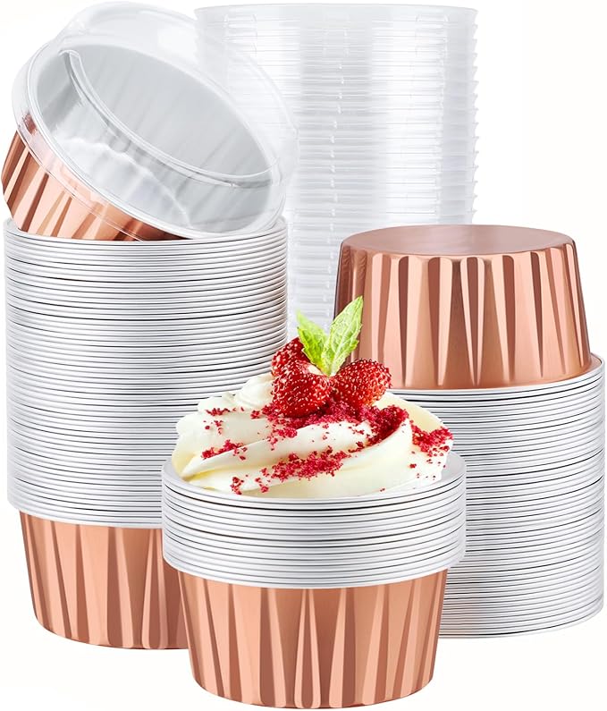 EUSOAR Rose Gold Cupcake Liners, 120pcs 5oz Disposable Aluminum Foil Baking Cups with Lids, Mini Foil Cupcake Liners Ramekins Cups with Lids for Oven Dessert Cups Aluminum Cheesecake Pan Creme Brulee
