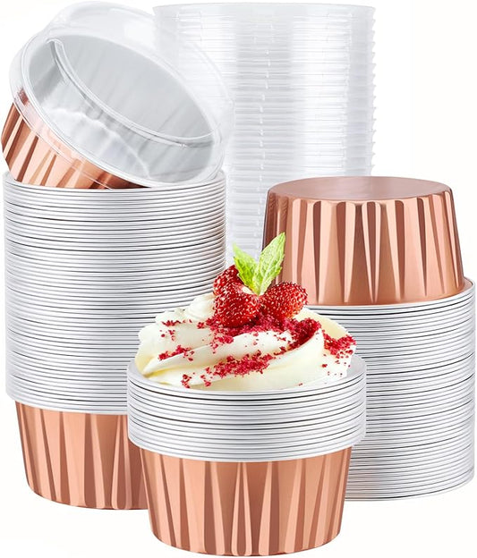 EUSOAR Rose Gold Cupcake Liners, 120pcs 5oz Disposable Aluminum Foil Baking Cups with Lids, Mini Foil Cupcake Liners Ramekins Cups with Lids for Oven Dessert Cups Aluminum Cheesecake Pan Creme Brulee
