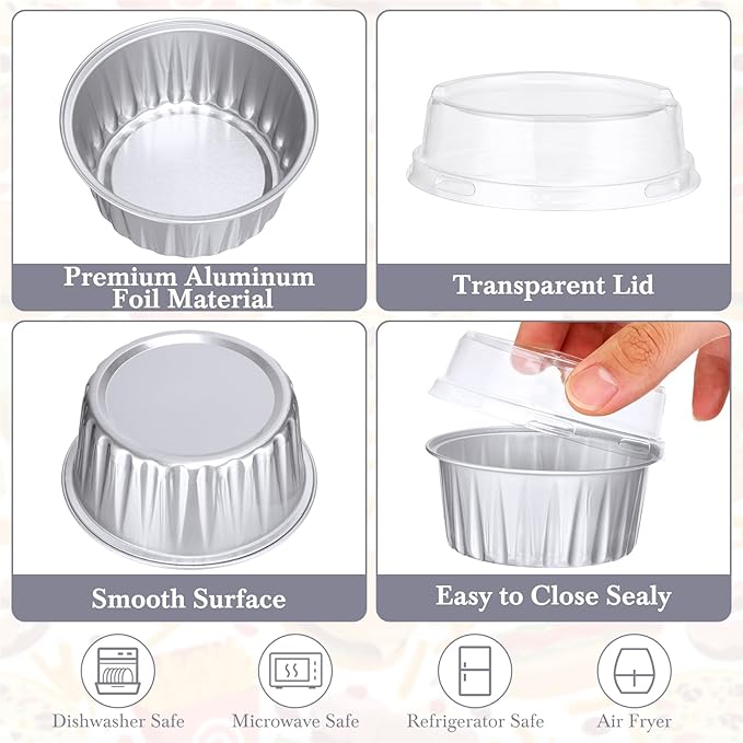 Gejoy 400 Pcs Aluminum Foil Baking Cups with Lids 5 oz Disposable Ramekins Mini Cake Pans Creme Brulee Cupcake Liners Muffin Tins Flan Mold Dessert Container for Wedding(Silver,Classic)