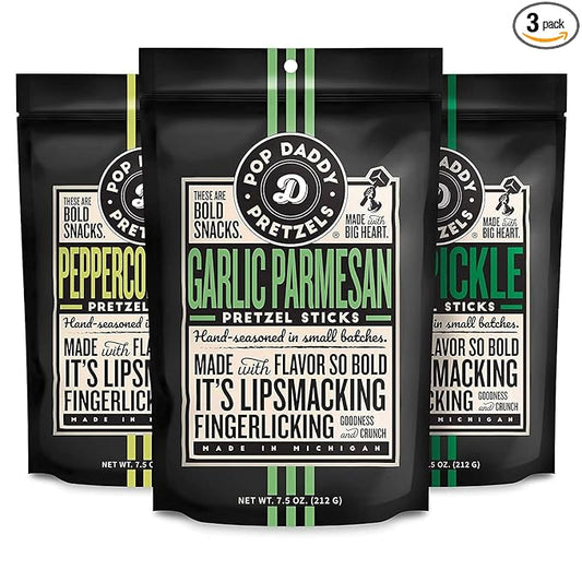 Pop Daddy Flavored Pretzels Sticks, Healthy Gourmet Pretzels, 7.5oz Variety Pack, 3 Pack, Garlic Parmesan, Peppercorn Ranch and Dill Pickle