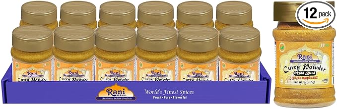 Rani Curry Powder Mild (10-Spice Authentic Indian Blend) 3oz (85g) PET Jar, Pack of 12 ~ All Natural | Salt-Free | NO Chili or Peppers | Vegan | Gluten Friendly | NON-GMO | Kosher | Indian Origin
