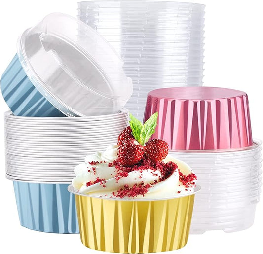 EUSOAR Mini Aluminum Pans with Lids, Pack of 30 Gold Bule Red 5oz Disposable Aluminum Foil Cupcake Liners Ramekins Baking Cups, Dessert Cups with Lids Aluminum Cheesecake Pan Creme Brulee Ramekins
