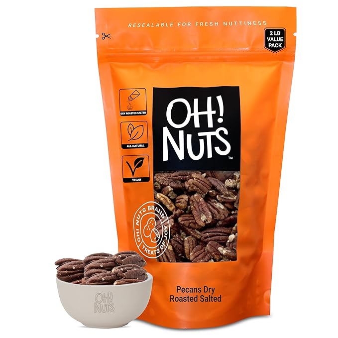 Oh! Nuts Pecans Dry Roasted Salted - All Natural Salted Pecans Halves - 2 lb Bulk Bag - Oil-Free Crunchy Snack