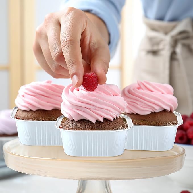 Aoriher 150 Pieces 10 oz Mini Cake Pans with Lids Aluminum Foil Baking Cups Square Disposable 4" x 4" Large Cupcake Cups Baking Tins for Kitchen Brownie Pudding Desserts Holders(White)
