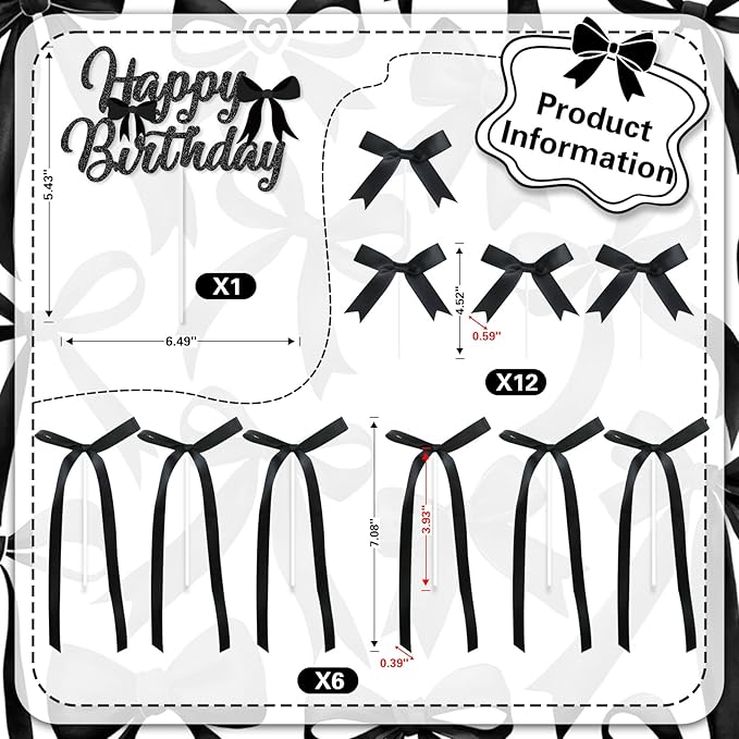 Black Bow Cake Toppers, Happy Birthday Sign, 12Pcs Ribbion Bow Cupcake Toppers & 6Pcs Cake Toppers for Black Bow Birthday Decorations, Baby Shower, Bridal Shower, Graduation Party