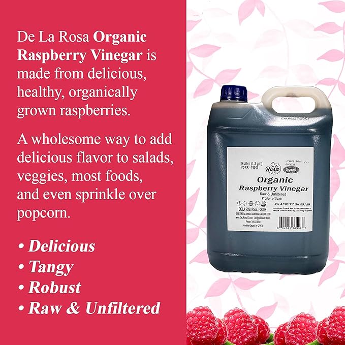 De La Rosa Organic Raspberry Vinegar, Raw & Unfiltered Pure Vinegar, Vegan, Gluten Free & Kosher, Great for Organic Salad Dressing and Marinades, 5 Liters (Pack of 1)