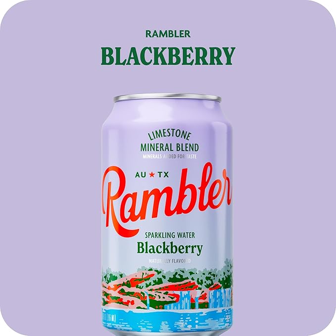AUTX RAMBLER Sparkling Water, Texas Limestone Mineral Blend, Blackberry Flavor, 12-Ounce Cans, 12-Pack