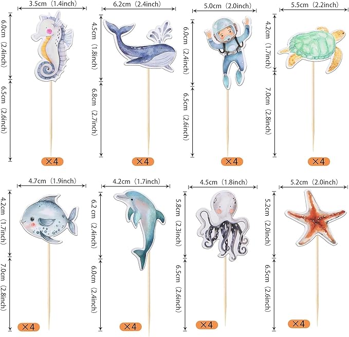 36 Pack Mermaid Cupcake Toppers Under The Sea Octopus Starfish Mermaid Tail Cupcake Picks Jellyfish Seahorse Coral Cupcake Decorations for Baby Shower Under The Sea Birthday Cake Decorations