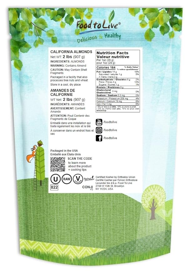 Food to Live California Almonds, 2 Pounds – Supreme, Whole, Raw, Unsalted, Unroasted Nuts, Natural