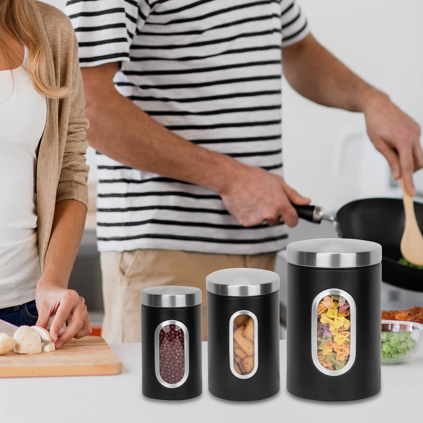 AEUNKIUO Black Kitchen Counter Canister set 3 pieces, 0.9/1.6/2.9 Quarts Stainless Steel Flour