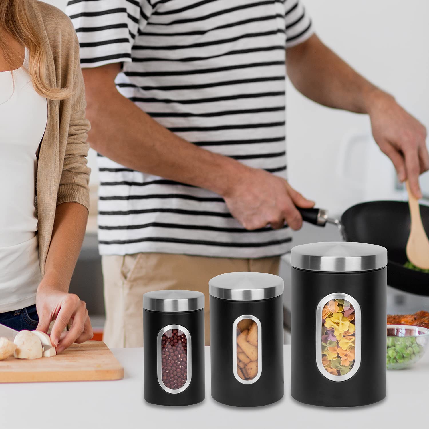 AEUNKIUO Black Kitchen Counter Canister set 3 pieces, 0.9/1.6/2.9 Quarts Stainless Steel Flour