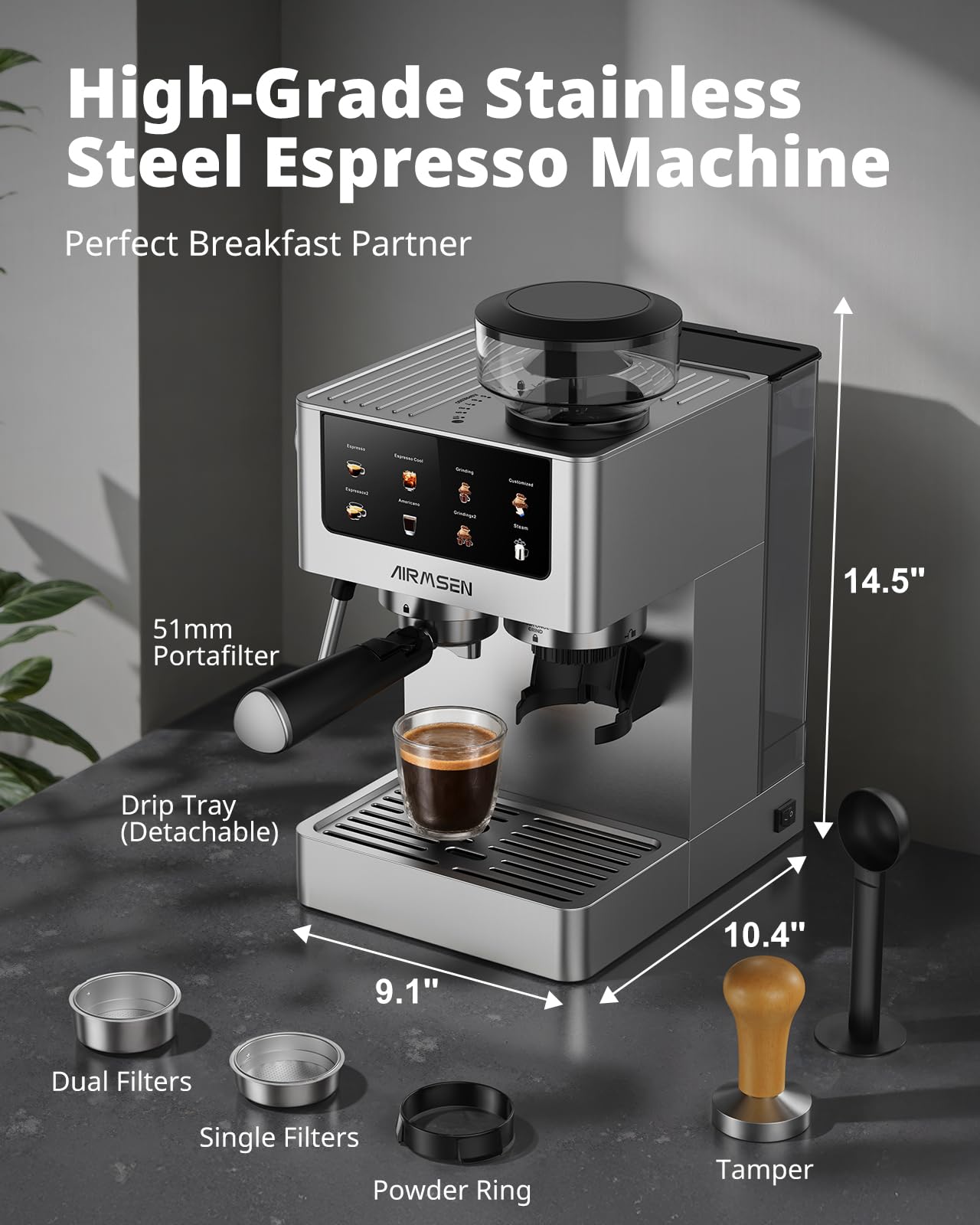 AIRMSEN Espresso Machines with Burr Grinder, 20 Bar, Milk Frother Steam Wand, Stainless Steel
