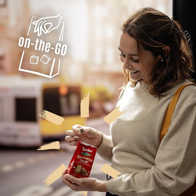 Loacker Quadratini Hazelnut Bite-Size Wafer Cookies, Crispy Wafers with 4 Creamy Layers of Hazelnut Cream Filling, New On-the-Go Pack, Box of 12