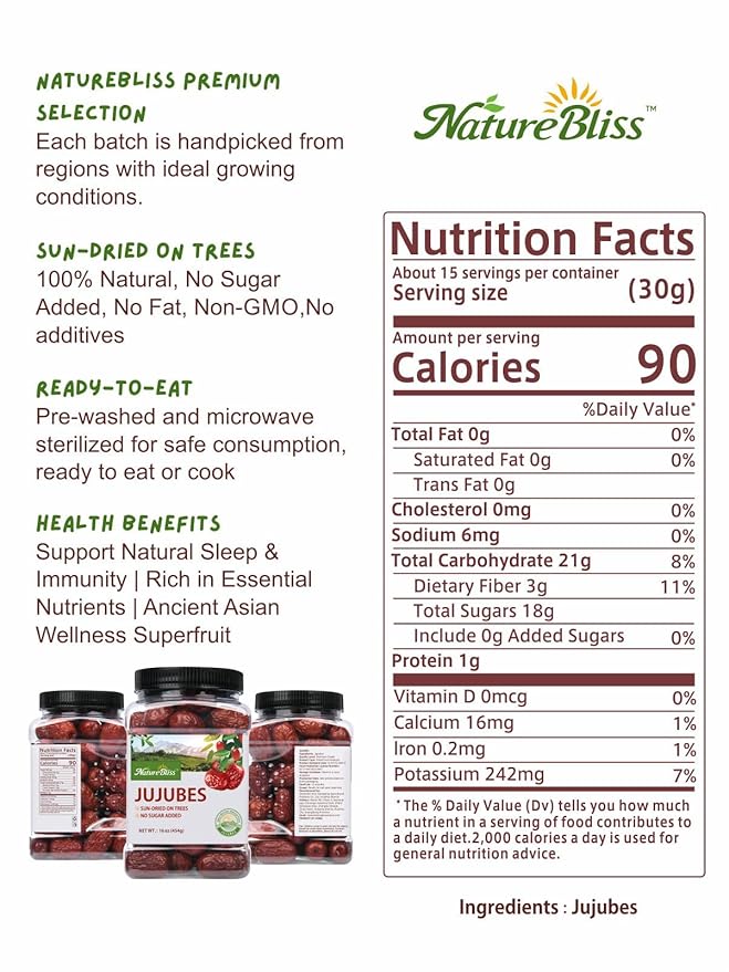 NatureBliss Premium Jujube Dates, Sun Dried Dates Fruit Snacks, Chinese Red Dates (Hong Zao), No Added Sugar, Non-GMO, Sweet Dried Jujube Fruit for Salad，Brewing Tea, Soup, Baking, Oatmeal, Large-size Jujubes (16 OZ / Pack of 1)
