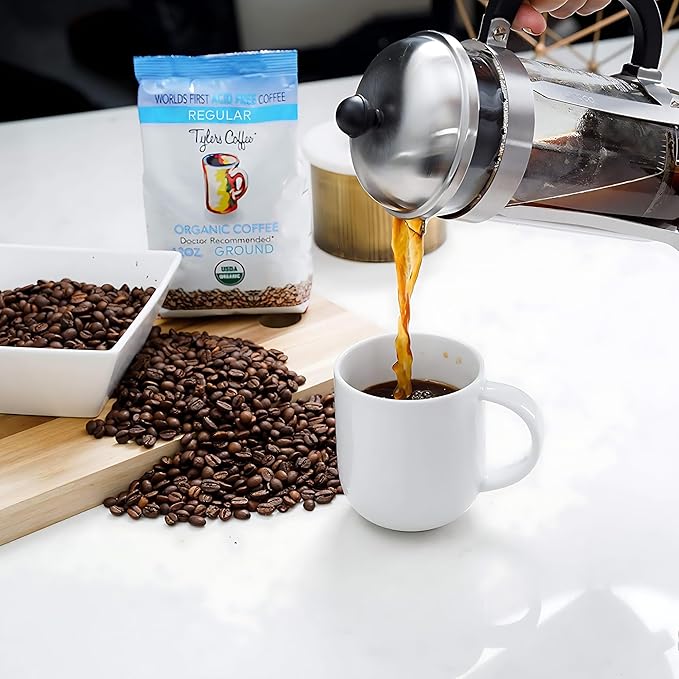 Tyler?™s Acid Free Organic Ground Coffee - 100% Arabica Full Flavor - Whole Bean and Caffeinated - No Bitter Aftertaste - For Acid Free Diets - Natural and Organic Blend for Common GI Issues - 12 oz