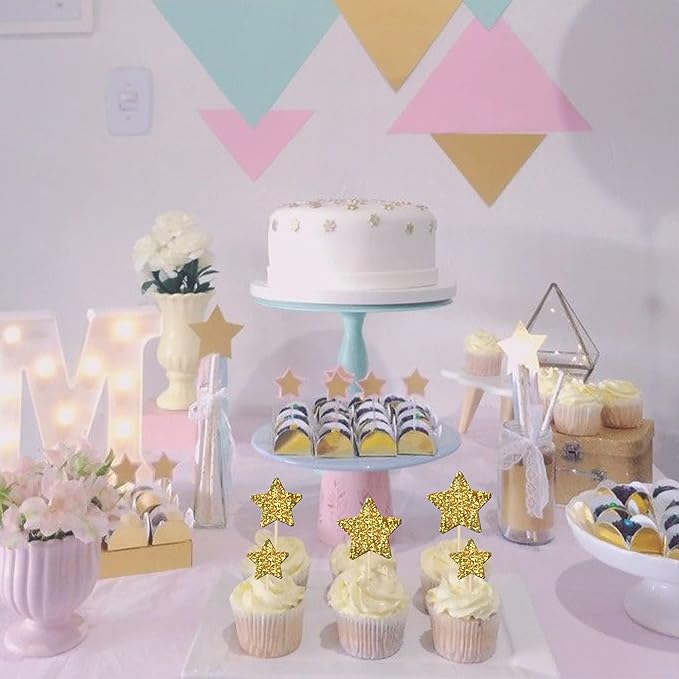 30 PCS Gold Little Star Cupcake Toppers Glitter Twinkle Star Cupcake Picks Baby Shower Cake Decorations for Wedding Engagement Bridal Shower Kids Birthday Party Supplies Mixed Size
