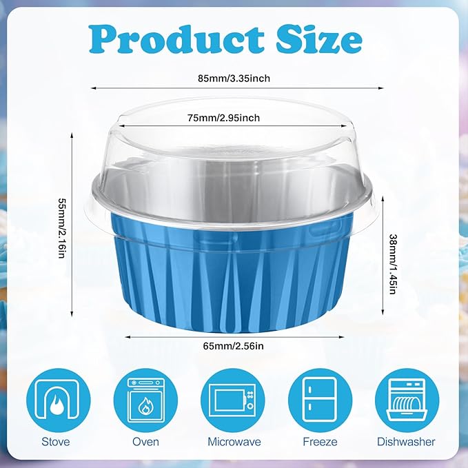 Gejoy 400 Pcs Aluminum Foil Baking Cups with Lids 5 oz Disposable Ramekins Mini Cake Pans Creme Brulee Cupcake Liners Muffin Tins Flan Mold Dessert Container for Wedding(Ocean Blue,Classic)