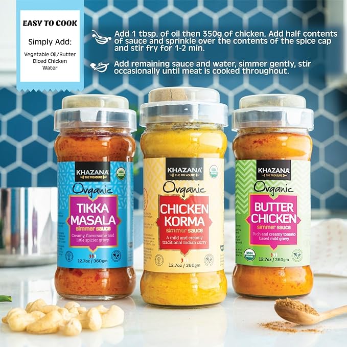 Khazana ORGANIC Tikka Masala Indian Simmer Sauce - 6 x 12.7oz Jars | Non-GMO, Vegan, Gluten Free, Kosher | Authentic Indian Meals Made Easy at Home!