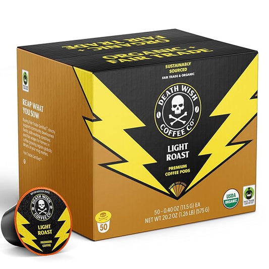 Death Wish Coffee, Organic and Fair Trade, Light Roast Coffee Pods (50 Count)