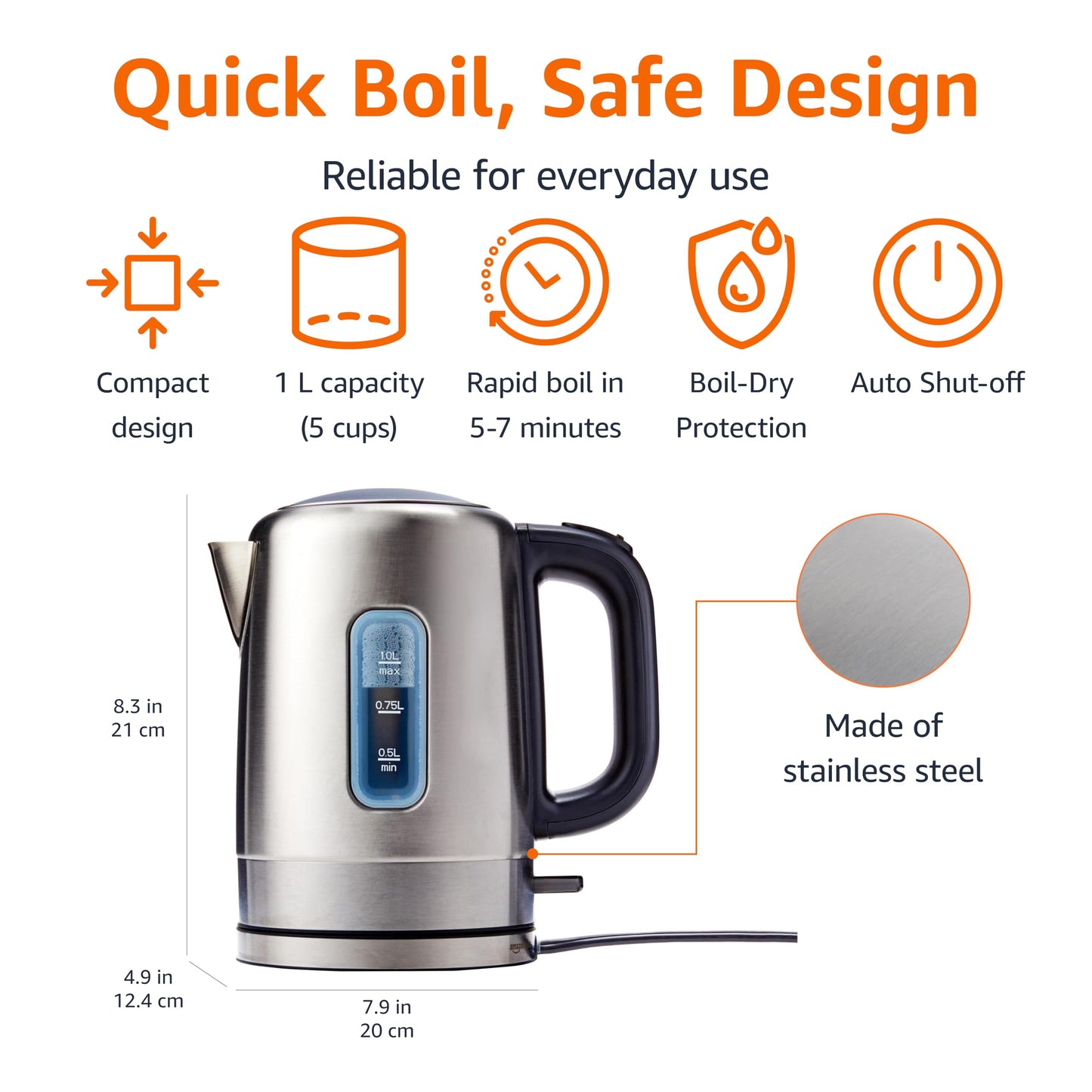 Amazon Basics Electric Stainless Steel Kettle for Tea and Coffee, BPA-Free, Fast Boiling, Auto