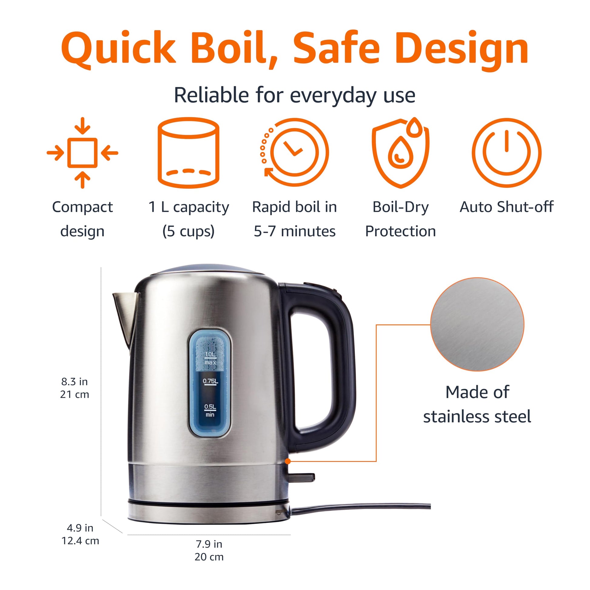 Amazon Basics Electric Stainless Steel Kettle for Tea and Coffee, BPA-Free, Fast Boiling, Auto