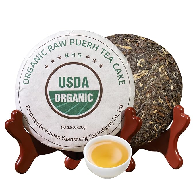 KHS Organic Raw Pu Erh Cake, 3.53 Oz USDA Certified Organic Puerh Cake, No Dust Production Workshop, Aged Chinese Yunnan Ancient Tree Pu'erh, No Fishy
