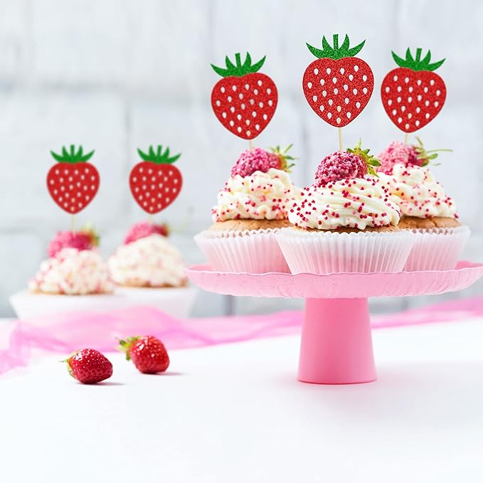 24Pcs Strawberry Cupcake Toppers Red Glitter Fruit Theme Strawberry Cupcake Pick Decorations for Summer Sweet Fruit Baby Shower Kids Birthday Party Cake Decorations Supplies