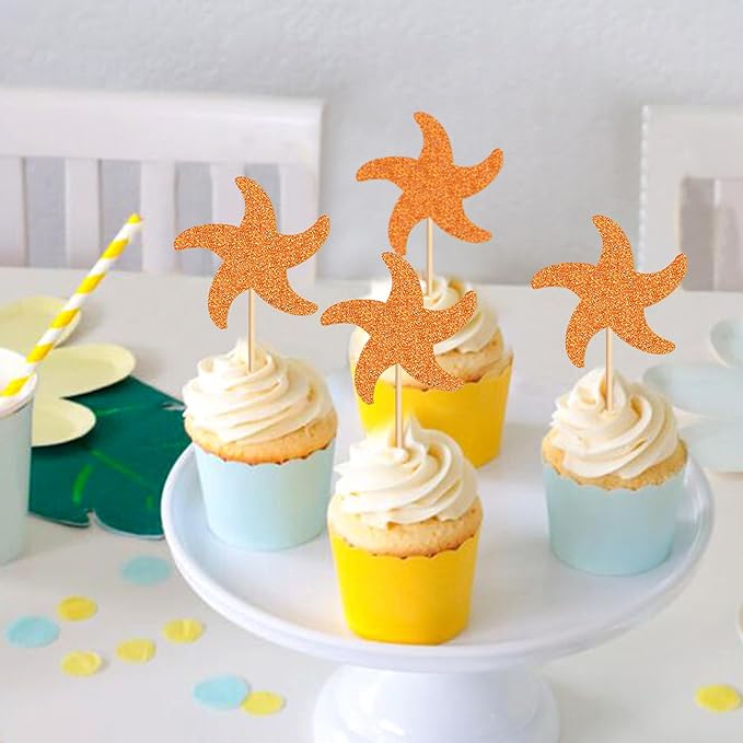 24 PCS Starfish Cupcake Topper Ocean Themed Party Starfish Cupcake Decorations Baby Shower Birthday Party Decorations